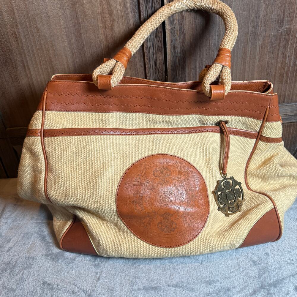 Kate Landry Canvas Leather Rope Handle Tote Satchel Beach Bag Large Beige
